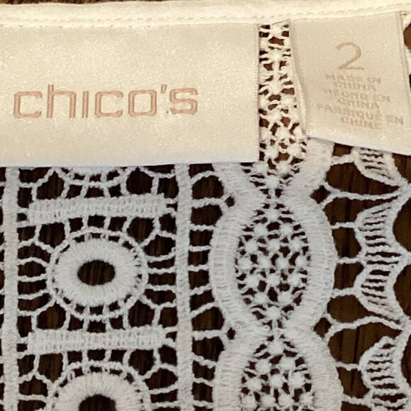 Chico's White 100% Cotton Crochet-Button-Up Peasant Top Sz 2 (L/12) #304F - Picture 6 of 8